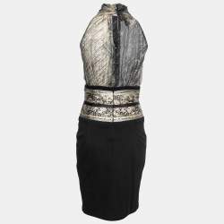 Pre Owned Class by Roberto Cavalli Black Printed Chiffon Halterneck Midi Dress M