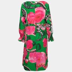 Pre Owned فستان طويل الأكمام كلاس باي روبرتو كافالي مطبوع بنقوش زهور خضراء محكم مقاس كبير