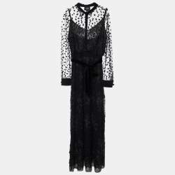 Pre Owned Cavalli Class Black Lace & Tulle Mock Neck Belted Maxi Dress XL