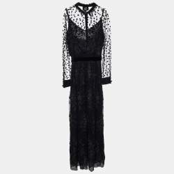 Pre Owned Cavalli Class Black Lace & Tulle Mock Neck Belted Maxi Dress XL