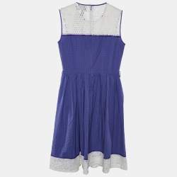 Cavalli Class Purple Seersucker Cotton & Lace Sleeveless Dress M