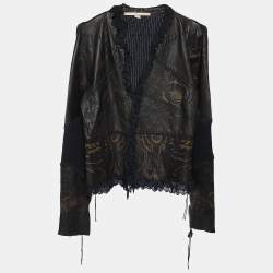 Class by Roberto Cavalli Brown Leather & Knit Ruffled Jacket L