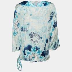 مملوكة مسبقًا Class by Roberto Cavalli Blue Printed jersey Waist Tie Detail Top L
