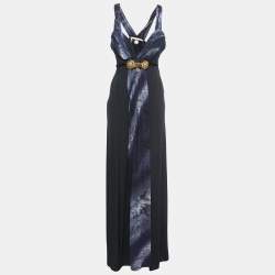 Pre Owned Class by Roberto Cavalli Black Printed Silk & Jersey Sleeveless Maxi Dress L