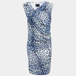 Pre Owned Class by Roberto Cavalli Blue Leopard Print Draped Sleeveless Short Dress M