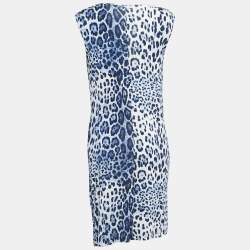 Pre Owned Class by Roberto Cavalli Blue Leopard Print Draped Sleeveless Short Dress M