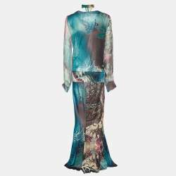 Pre Owned Class by Roberto Cavalli Multicolor Printed Jersey & Silk Trim Detail Maxi Dress M