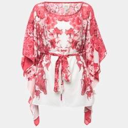 Class by Roberto Cavalli White/Pink Floral Print Cotton Blend Belted Kaftan Top S