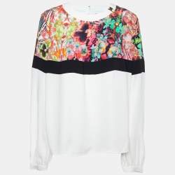 Pre Owned Cavalli Class White & Multicolor Printed Polyester Top L