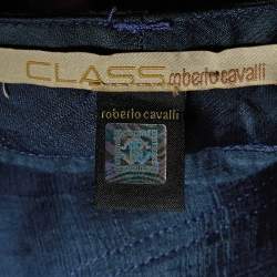 Pre Owned Class by Roberto Cavalli Navy Blue Textured Linen Blend Flared Trousers M