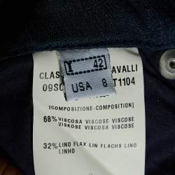 Pre Owned Class by Roberto Cavalli Navy Blue Textured Linen Blend Flared Trousers M