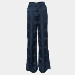 Pre Owned Class by Roberto Cavalli Navy Blue Textured Linen Blend Flared Trousers M