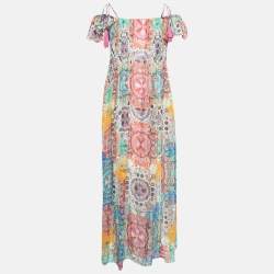 Pre Owned Class by Roberto Cavalli Multicolor Printed Silk Pleated Flutter Sleeve Maxi Dress M