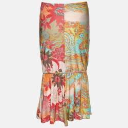 Pre Owned Class by Roberto Cavalli Multicolor Floral Print Jersey Flounce Midi Skirt M