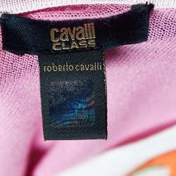 Pre Owned توب كلاس باي روبرتو كافالي حرير محاك بأكمام قصيرة مطبوع بألوان متعددة مقاس متوسط