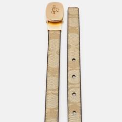 مملوكة مسبقًا حزام كوتش بوجهيه بإبزيم مقلوب قماش كانفاس مغطى بنقشة باللون البيج والجلد