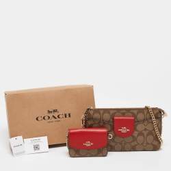 Coach Beige/Red Signature Coated Canvas and Leather Poppy Crossbody Clutch Bag