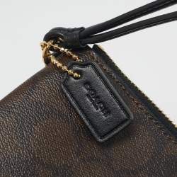 Coach Brown/Black Signature Coated Canvas and Leather Double Zip Wristlet Pouch