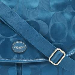 Pre Owned Coach Teal Blue Signature Nylon and Patent Leather Messenger Bag