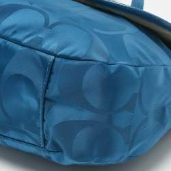 Pre Owned Coach Teal Blue Signature Nylon and Patent Leather Messenger Bag