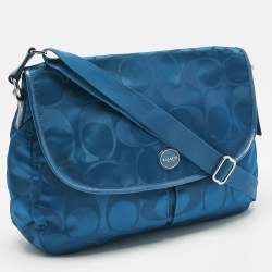 Pre Owned Coach Teal Blue Signature Nylon and Patent Leather Messenger Bag