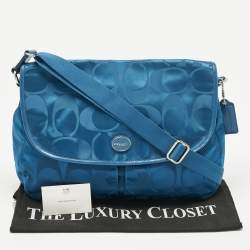 Pre Owned Coach Teal Blue Signature Nylon and Patent Leather Messenger Bag