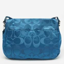 Pre Owned Coach Teal Blue Signature Nylon and Patent Leather Messenger Bag