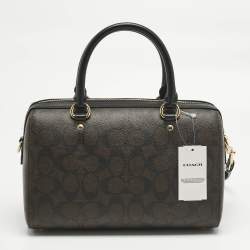 Pre Owned Coach Brown/Black Signature Coated Canvas and Leather Rowan Satchel