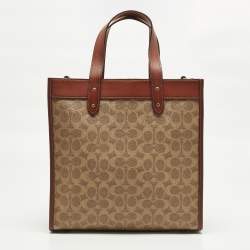 مملوكة مسبقًا Coach Field Brown/Beige Signature with Horse Carriage Print Coated Canvas and Leather Tote