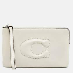 Pre Owned Coach Corner Zip Off White Leather Wristlet Pouch