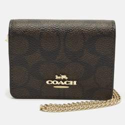 Pre Owned Coach Mini Brown Signature Coated Canvas and Leather Wallet On Chain 