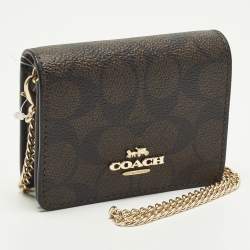 Pre Owned Coach Mini Brown Signature Coated Canvas and Leather Wallet On Chain