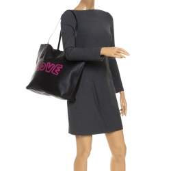 Pre Owned Coach Black Leather Keith Haring Love Shopper Tote