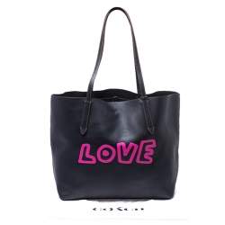 Pre Owned Coach Black Leather Keith Haring Love Shopper Tote