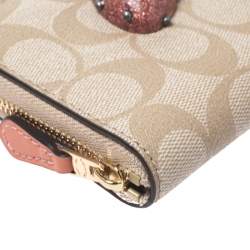 Coach Beige Signature Coated Canvas Strawberry Zip Around Wallet     