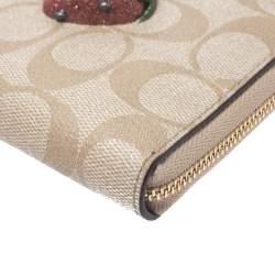 Coach Beige Signature Coated Canvas Strawberry Zip Around Wallet     
