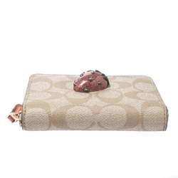 Coach Beige Signature Coated Canvas Strawberry Zip Around Wallet     