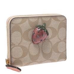 Coach Beige Signature Coated Canvas Strawberry Zip Around Wallet     