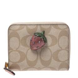 Coach Beige Signature Coated Canvas Strawberry Zip Around Wallet     