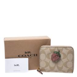 Coach Beige Signature Coated Canvas Strawberry Zip Around Wallet     