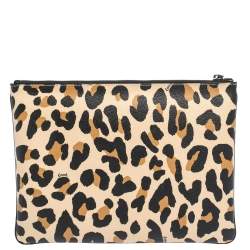 Pre Owned Coach Beige/Black Leopard Print Coated Canvas Large Disney Snow DOC Clutch