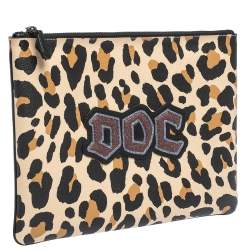 Pre Owned Coach Beige/Black Leopard Print Coated Canvas Large Disney Snow DOC Clutch