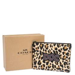 Pre Owned Coach Beige/Black Leopard Print Coated Canvas Large Disney Snow DOC Clutch