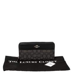 Pre Owned Coach Grey/Black Signature Canvas and Leather Zip Around Wallet