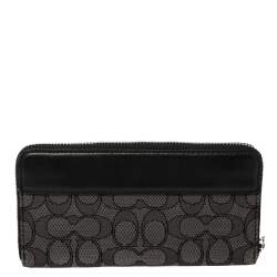 Pre Owned Coach Grey/Black Signature Canvas and Leather Zip Around Wallet