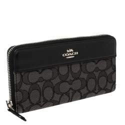 Pre Owned Coach Grey/Black Signature Canvas and Leather Zip Around Wallet