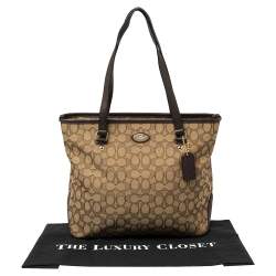 Pre Owned Coach Beige/Brown Signature Canvas and Leather City Zip Top Tote