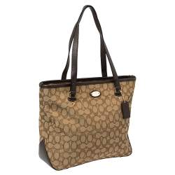 Pre Owned Coach Beige/Brown Signature Canvas and Leather City Zip Top Tote