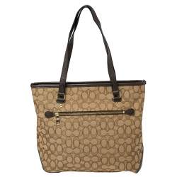 Pre Owned Coach Beige/Brown Signature Canvas and Leather City Zip Top Tote