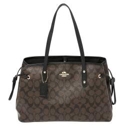Pre Owned Coach Brown/Black Signature Coated Canvas and Leather Drawstring Carryall Tote